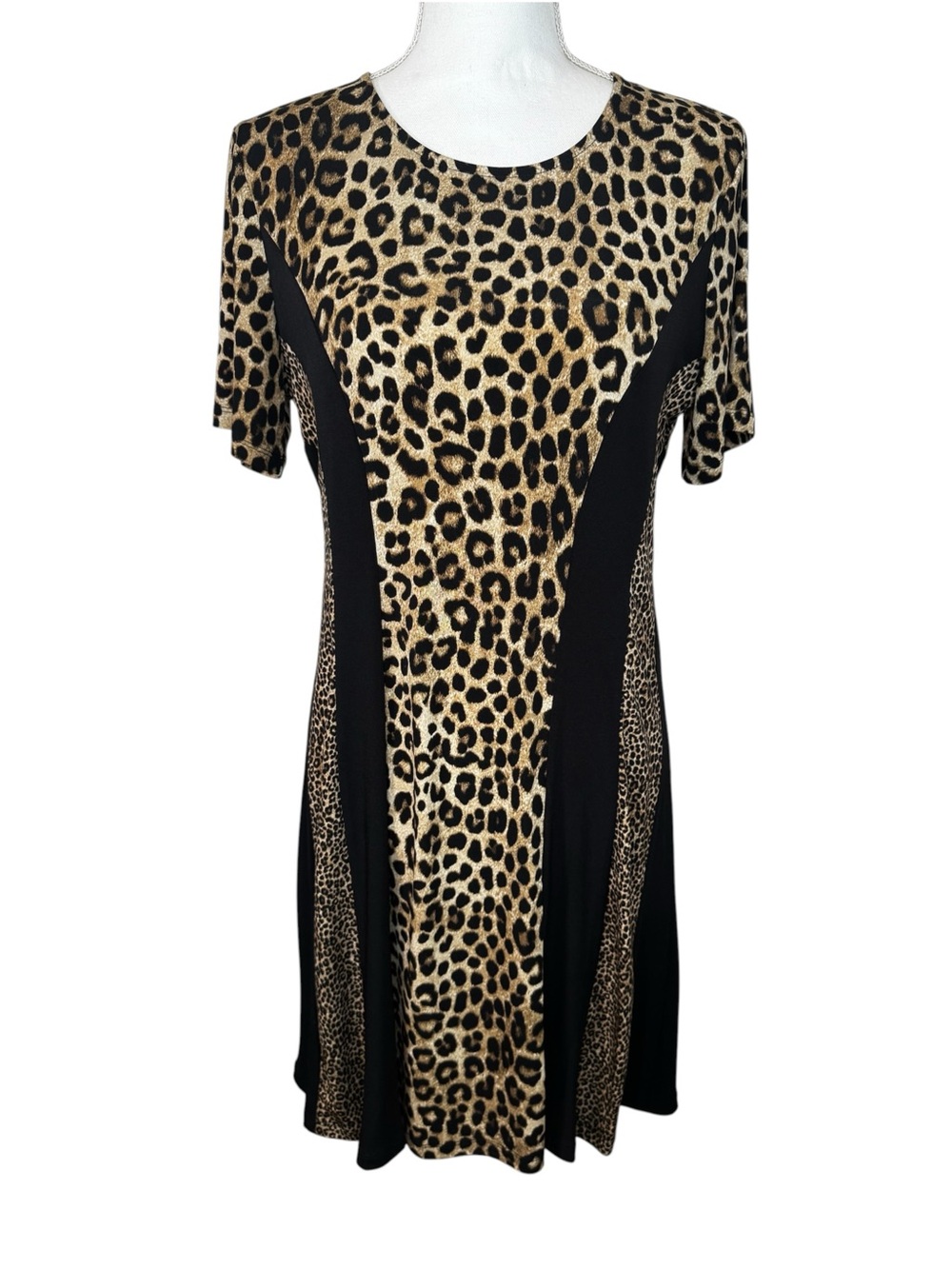 Michael Kors Leopard Print Dress Black Tan Short Sleeve Slimming Panels. Size M